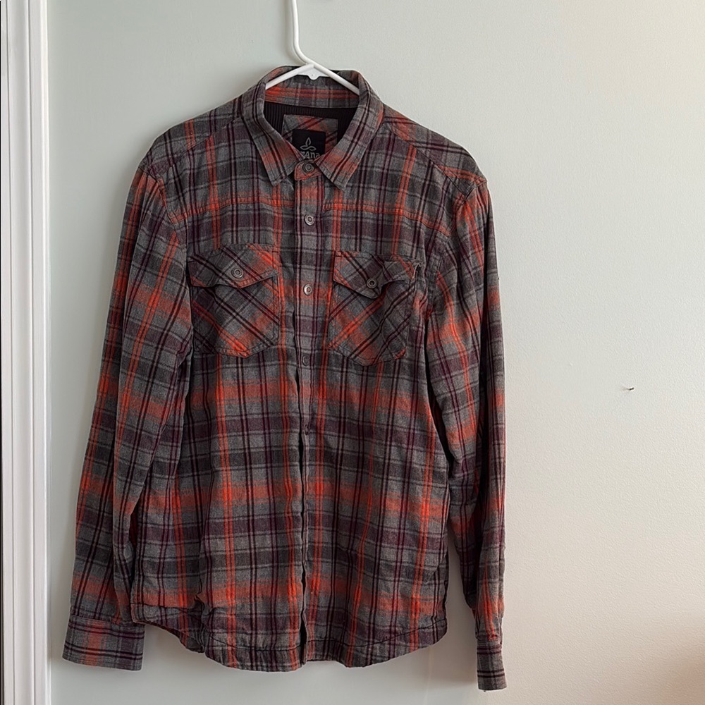 Prana Orange and Gray Plaid Shirt